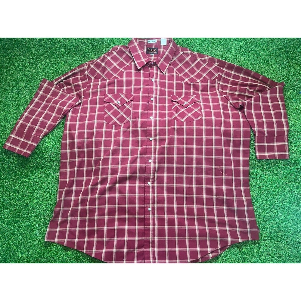 Plains Western Wear Men’s 3XLT Burgundy Plaid Pearl Snap Cowboy Shirt Tall